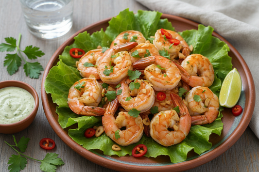 Camarón ecuatoriano al ajillo salteado con finas hierbas en cama de lechugas